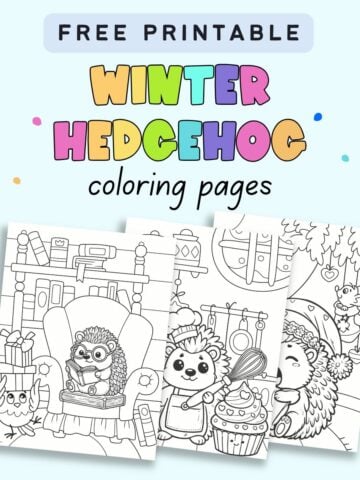 text "free printable winter hedgehog coloring pages" with a preview of free hedgehog coloring sheets