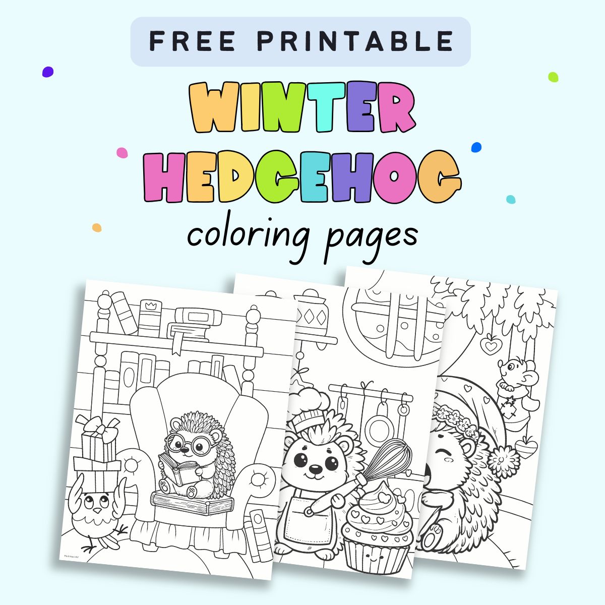 text "free printable winter hedgehog coloring pages" with a preview of free hedgehog coloring sheets