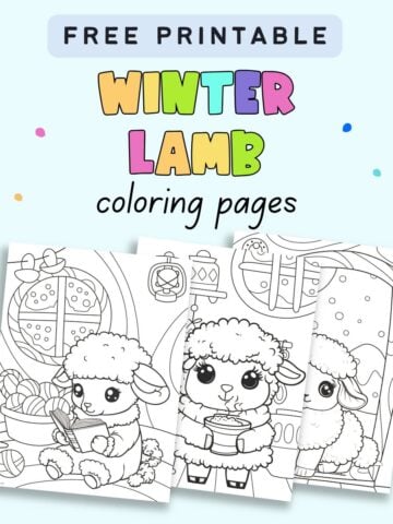 text "free printable winter lamb coloring pages" with a. preview of three winter lamb coloring sheets