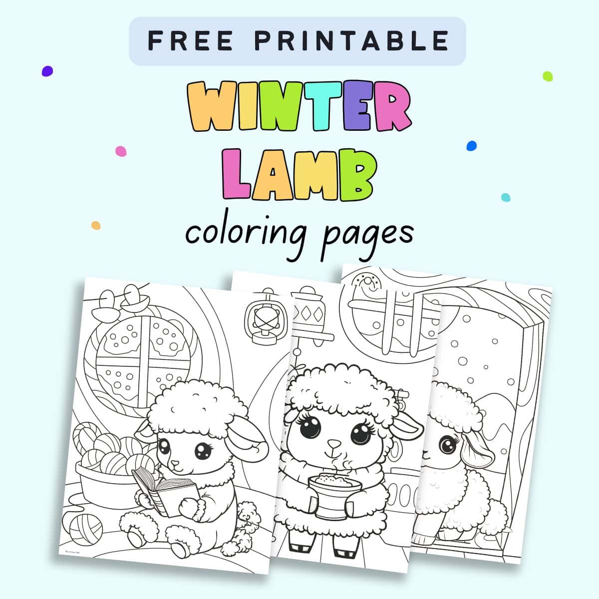 text "free printable winter lamb coloring pages" with a. preview of three winter lamb coloring sheets