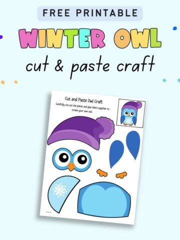 text "free printable winter owl cut and paste craft" with a preview of an owl cut and paste craft. The owl is blue and wearing a purple hat