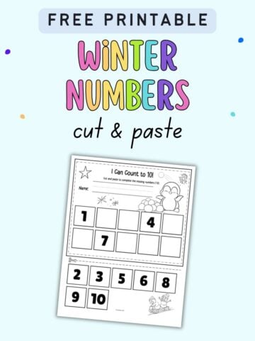 text "free printable winter numbers cut and paste" with a cut and paste missing numbers worksheet with numbers 1-10