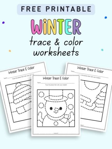 text "free printable winter trace and color worksheets" with a preview of three winter tracing worksheets for preschool and kindergarten