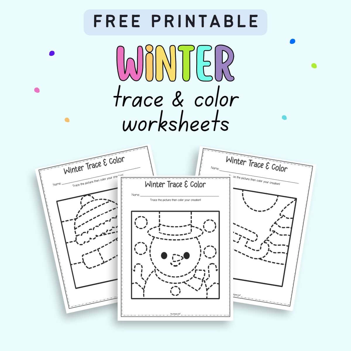 text "free printable winter trace and color worksheets" with a preview of three winter tracing worksheets for preschool and kindergarten 