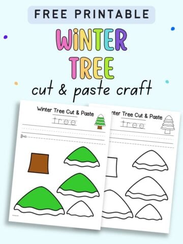 text "free printabl winter tree cut and paste craft" with a preview of two pages of winer craft for kids showing a tree with snow