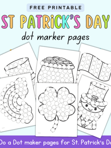 text "free printable st Patrick's ay dot marker pages" with a preview of six st pat's themed do a dot marker sheets