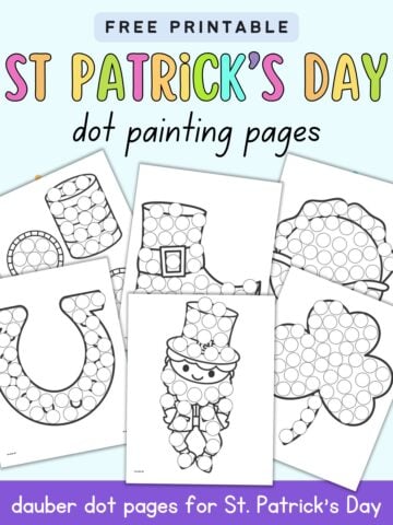 text "free printable st patrick's day dot painting pages" with a preview of six dot marker coloring pages for st patrick's day with a leprechaun, gold coins, a horseshoe, a shamrock, a boot, and a cabbage