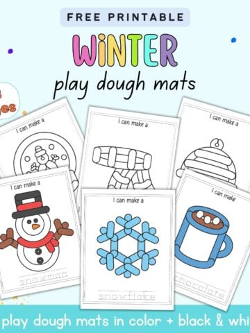 text "free printable winter play dough mats - 28 pages" with a preview of six play dough mats for kids