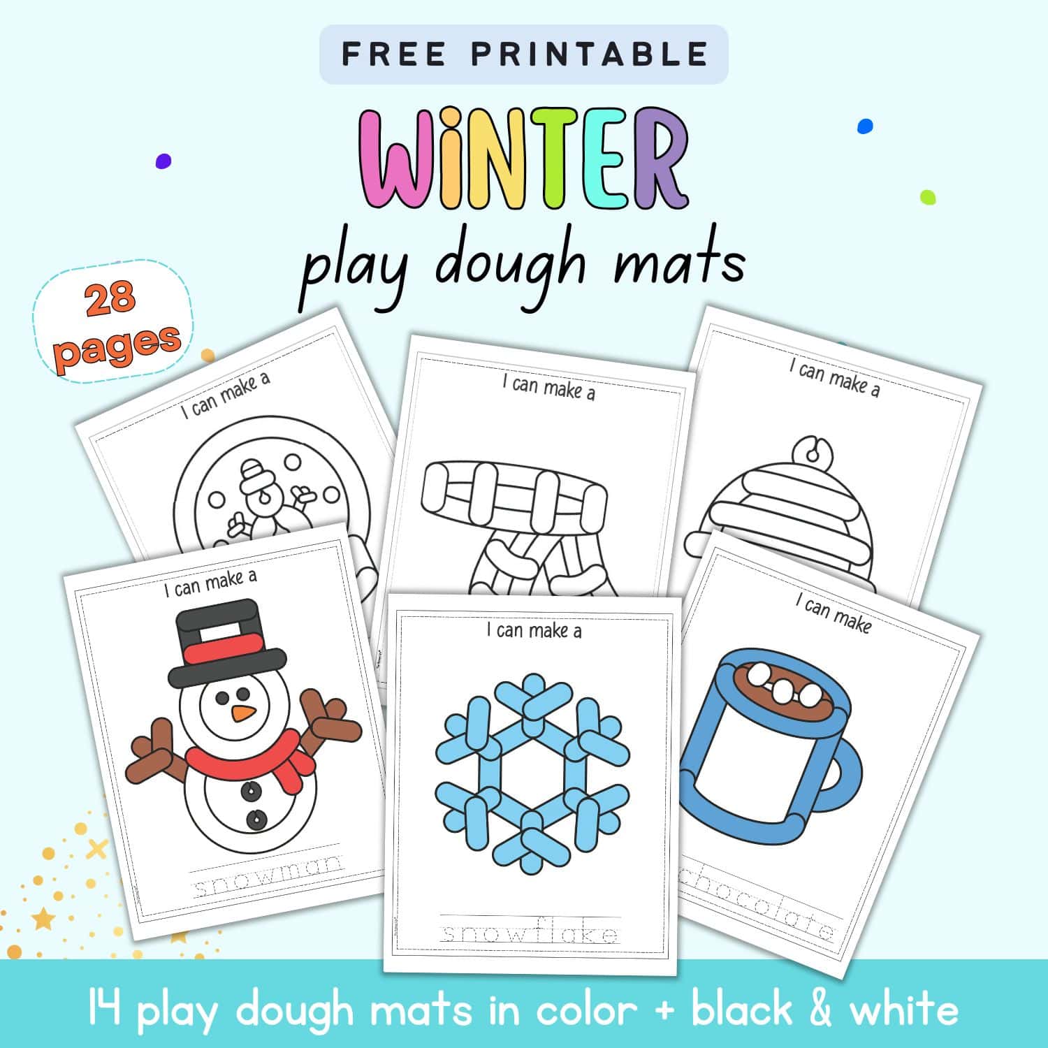 text "free printable winter play dough mats - 28 pages" with a preview of six play dough mats for kids