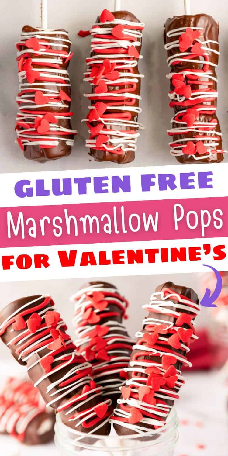 A group of gluten-free chocolate marshmallows on sticks, decorated with white and red icing and heart-shaped sprinkles, displayed as Valentine's Day treats.
