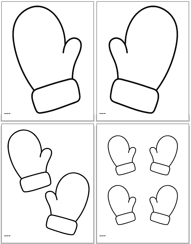 four pages with large printable mitten templates