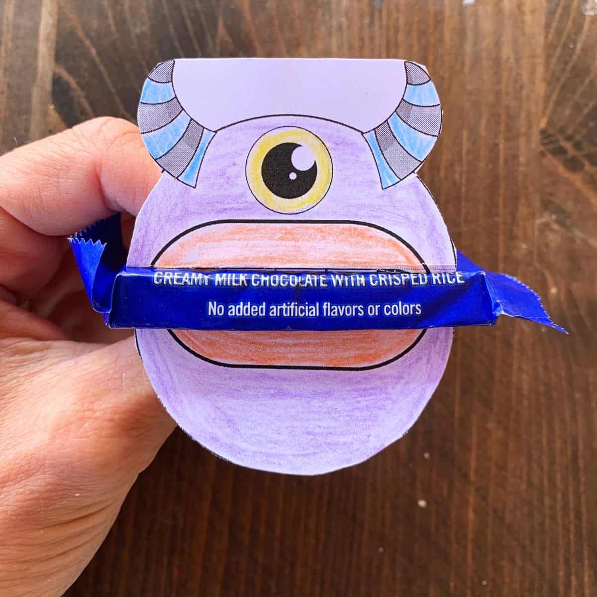 a monster Valentine's Day card printable with a crunch bar in its mouth