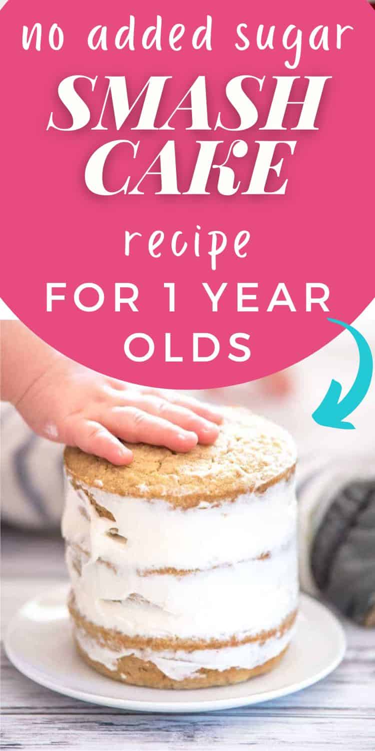 text "no added sugar smash cake recipe for one year olds" with a picture of a toddler's hand on a smash cake