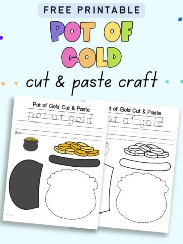 text "free printable pot of gold cut and paste craft" with a preview of a color and a black and white pot of gold craft template