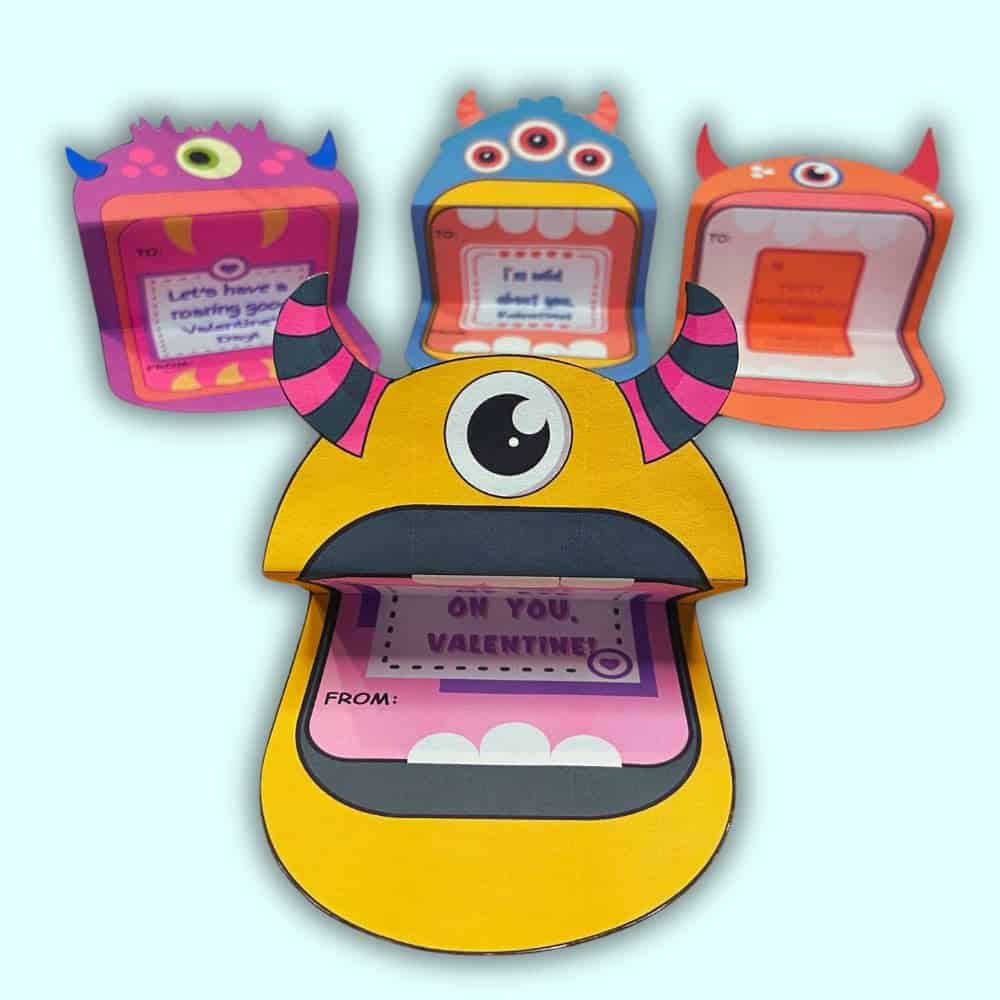 Four printed colorful monster valentines for kids