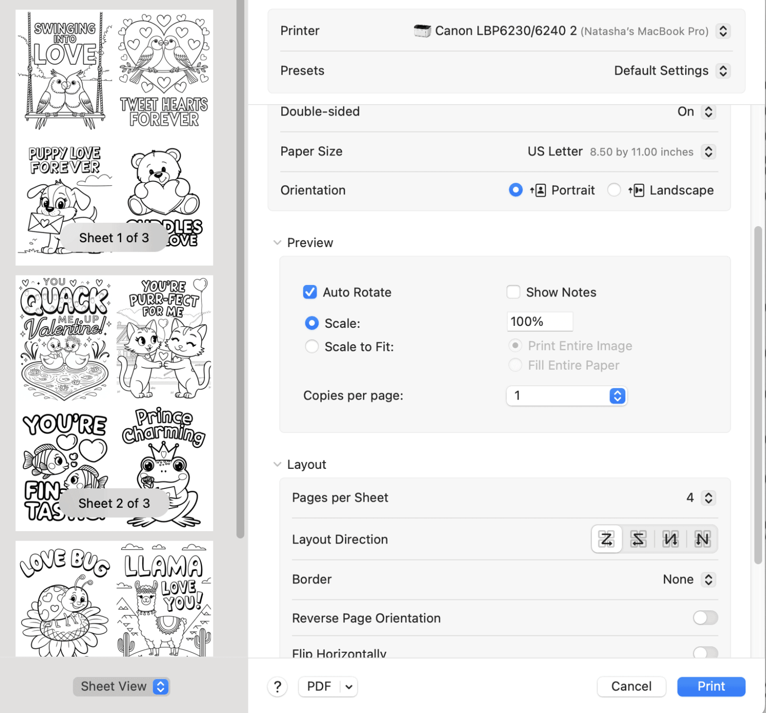 a print dialogue box showing printing valentines day coloring pages as cards with four different coloring pages printed on one sheet