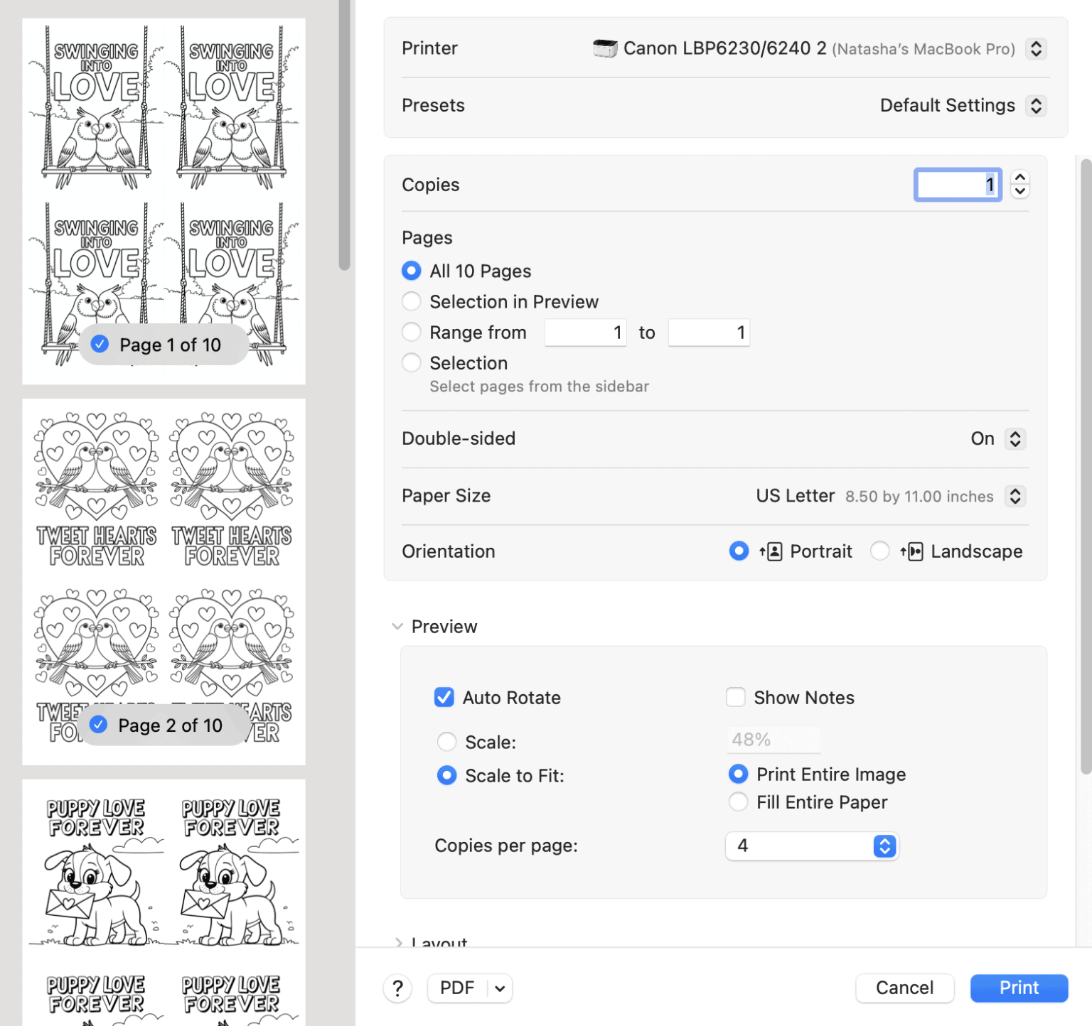 a print dialogue box showing printing valentines day coloring pages as cards with four of the same image per page