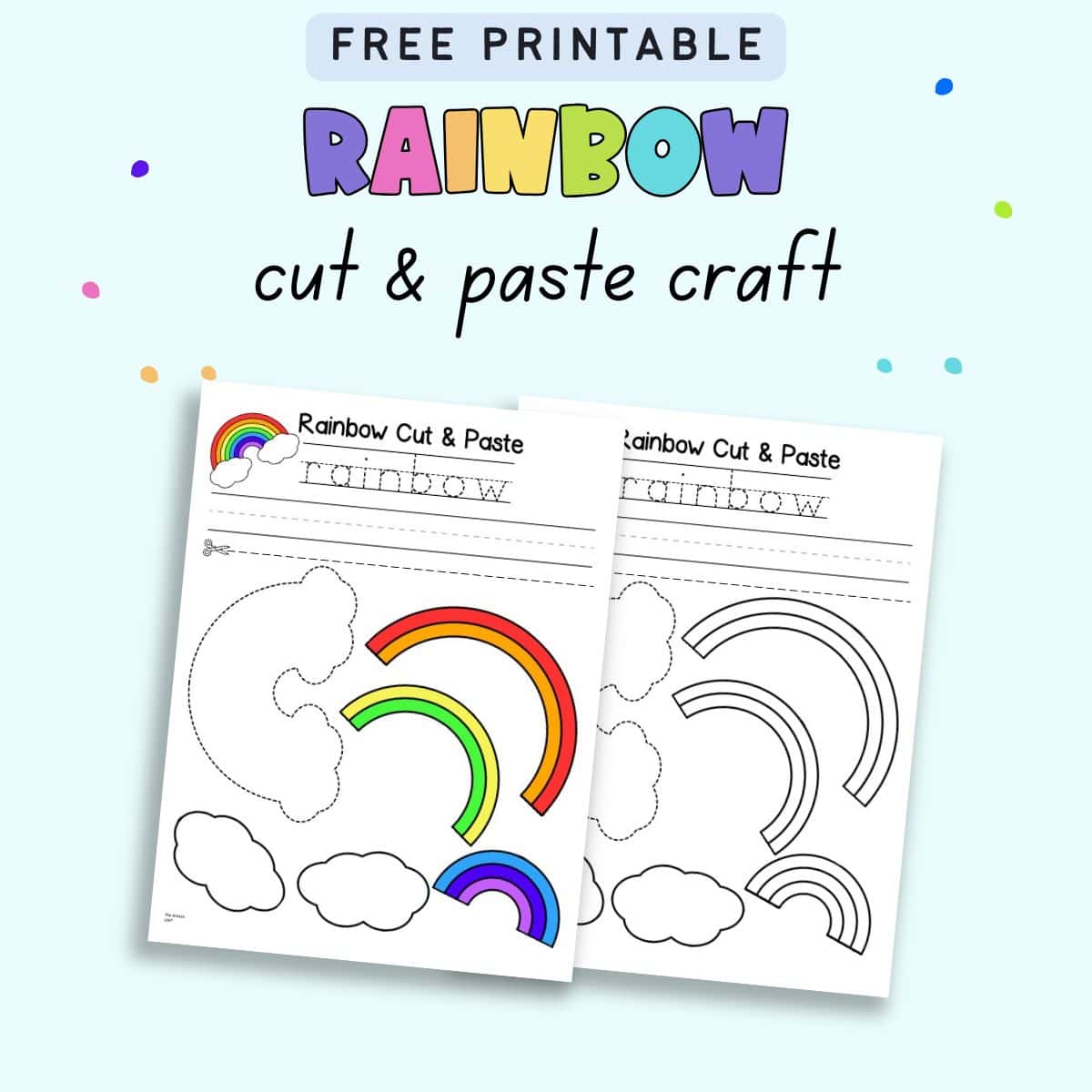 text "Rainbow cut and paste craft" with a. preview of two rainbow craft templates. One is color and the other black and white.