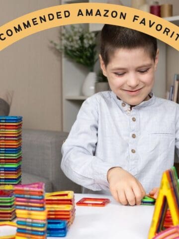 text "recommended amazon favorites" with a picture of a boy playing with magnet tiles