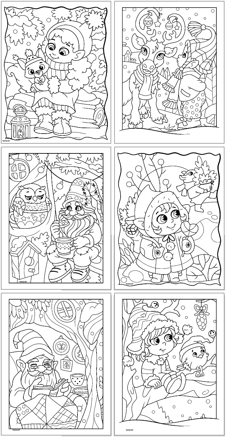 six winter gnome coloring pages for kids include a gnome with a reindeer, gnomes with tea, and cute winter gnomes outside with animals 