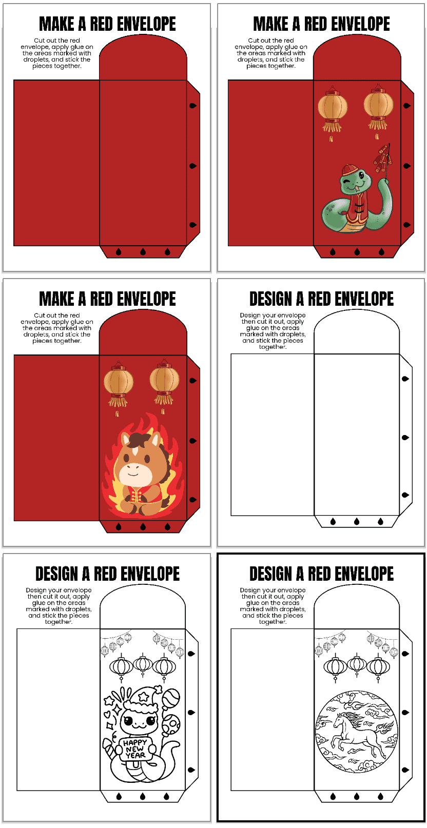 six red envelope craft cut and paste templates. Three are red and three are coloring page versions.