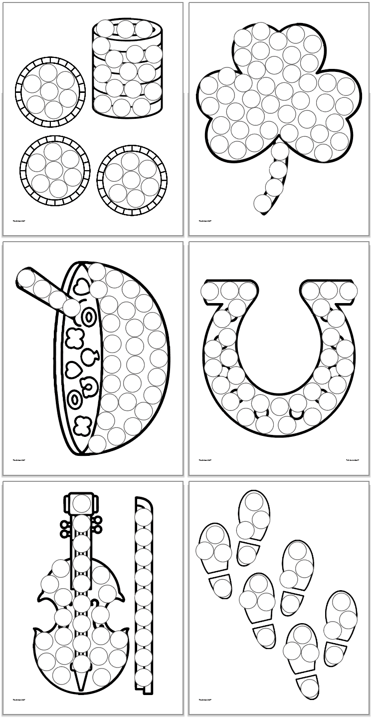 six St patrick's day themed do marker coloring pages for kids. Images include: gold, a shamrock, a bowl of lucky cereal, a horseshoe, a fiddle, and leprechaun footprints