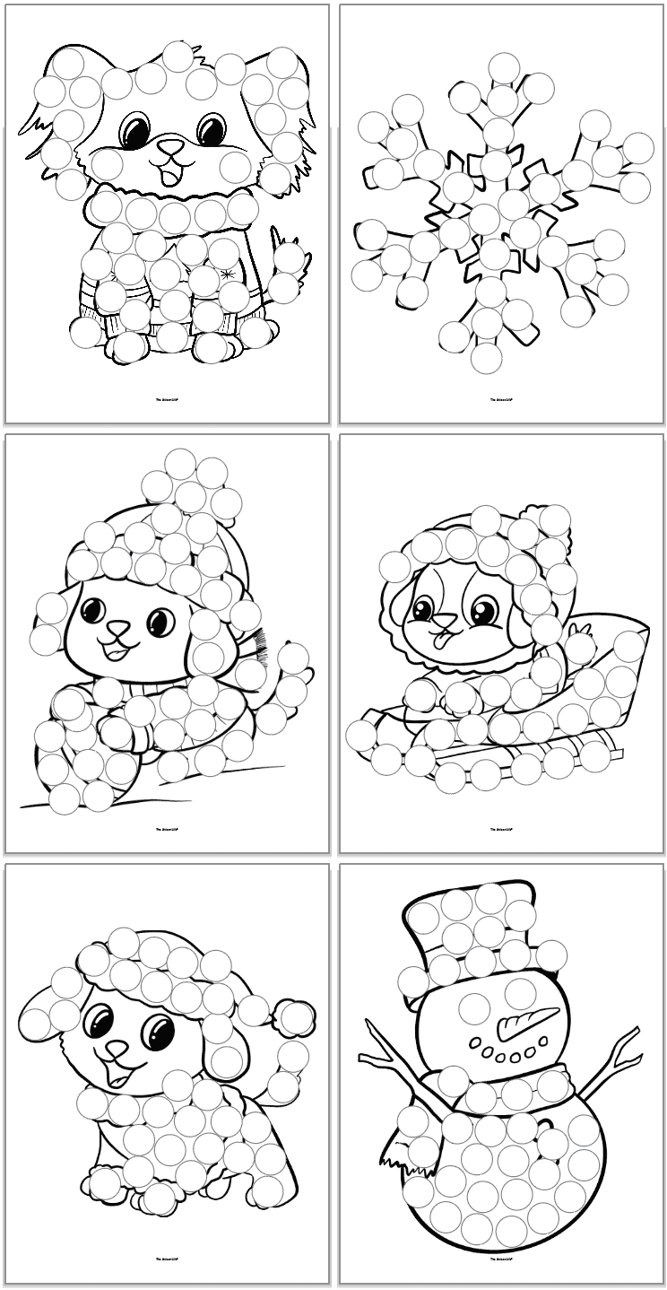 six winter dot themed dot marker coloring pages for children