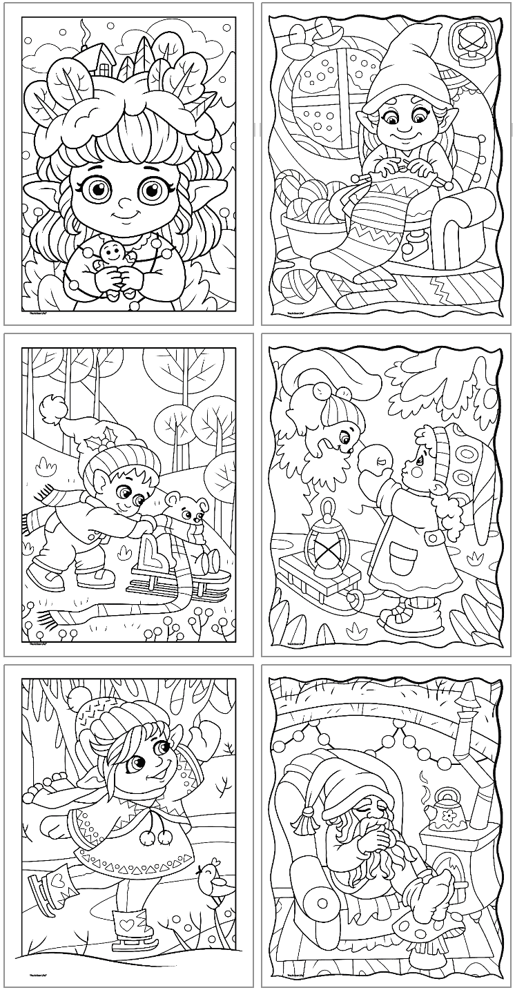 six winter gnome coloring pages for kids including skating gnomes, sledding gnomes, and cozy gnomes at home. 