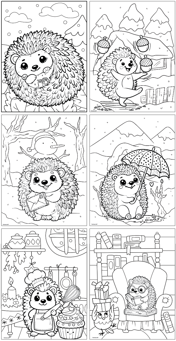 six cute winter hedgehog coloring pages for kids showing hedgehogs in the snow as well as warm and cozy inside