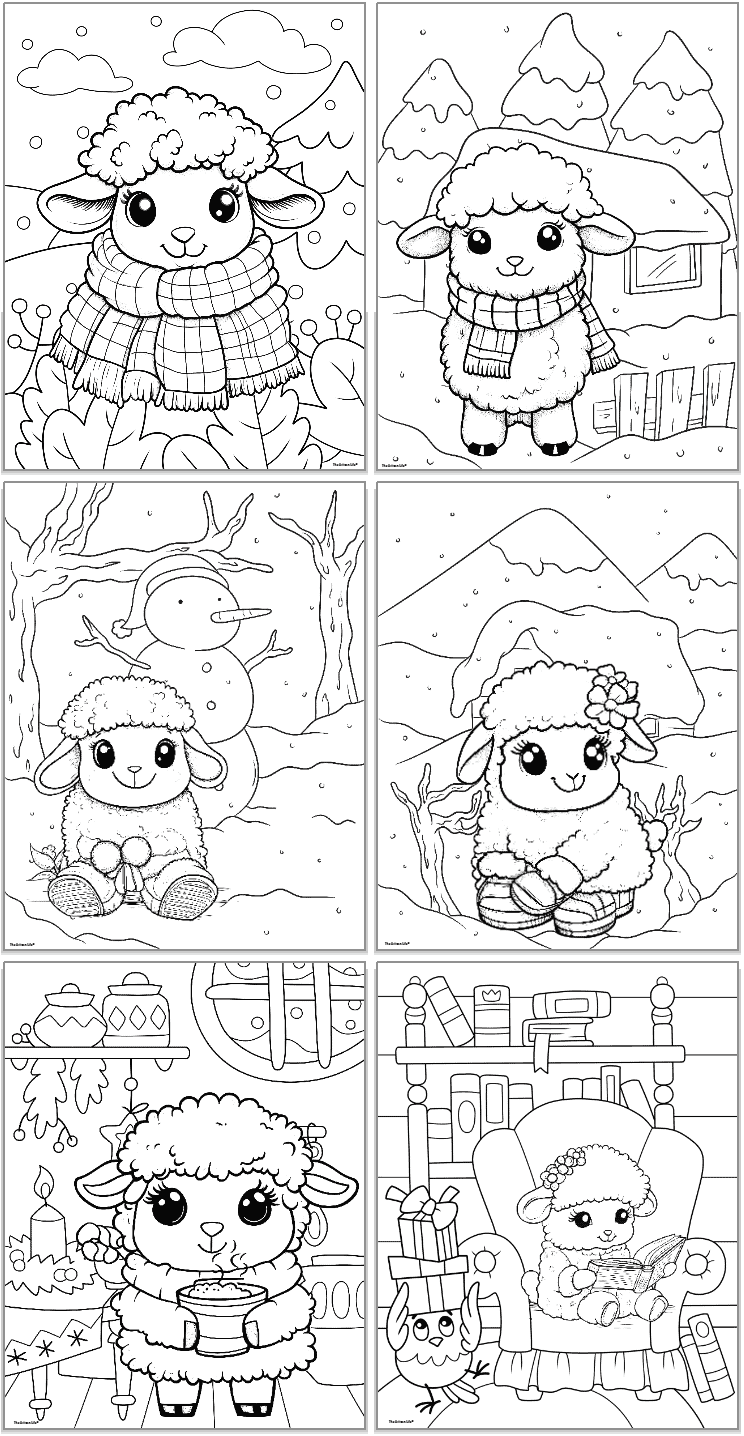 six winter lamb coloring pages showing cute lambs being cozy and home and lambs bundled up in the snow.