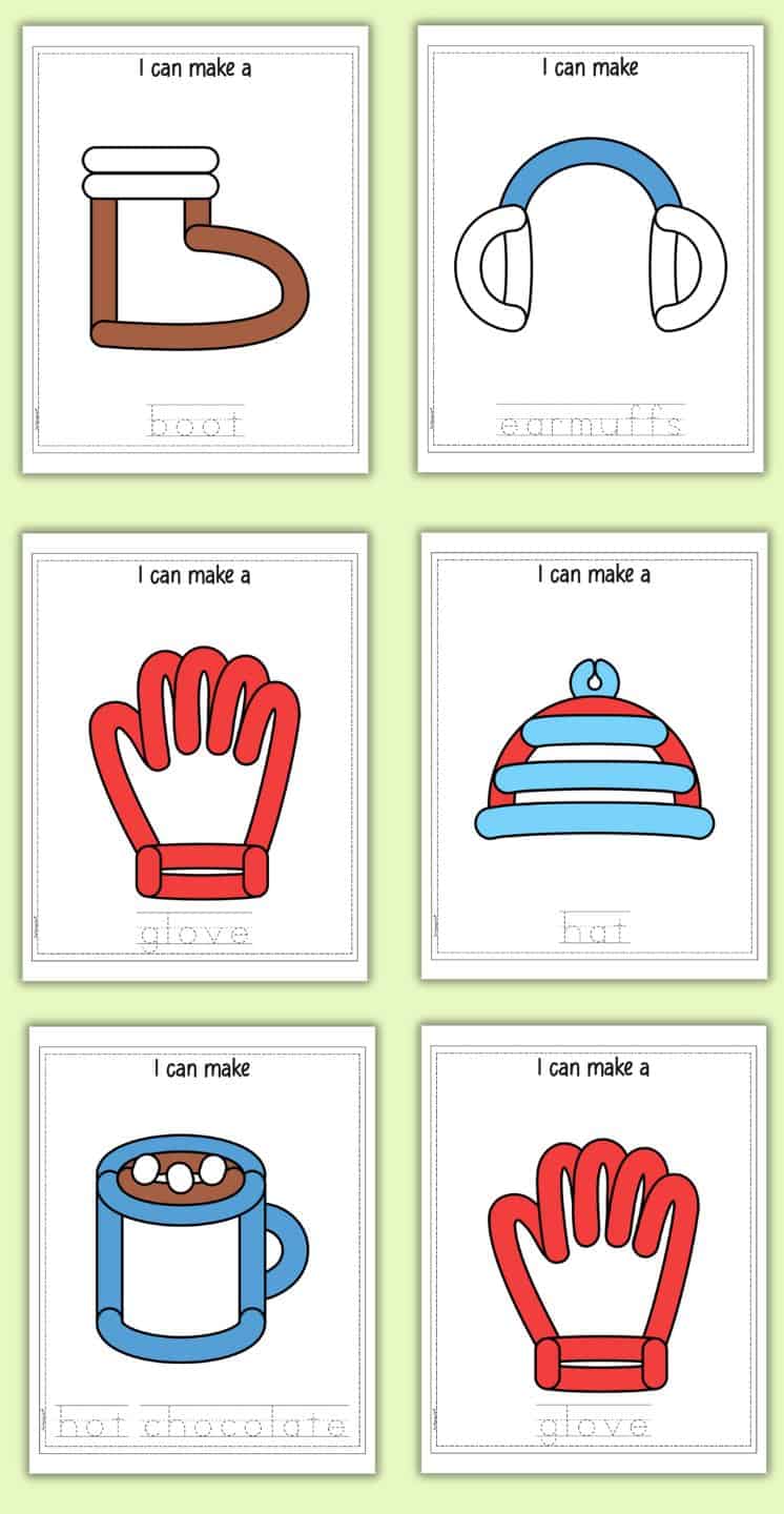 six winter play dough activity mats for kids with handwriting practice. Images include a boot, ear muffs, a glove, a hat, hot chocolate 