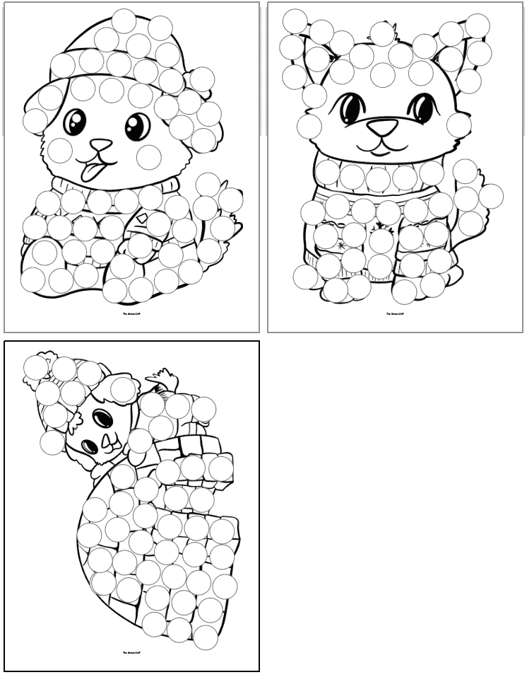 three winter dog themed dot marker coloring pages for children