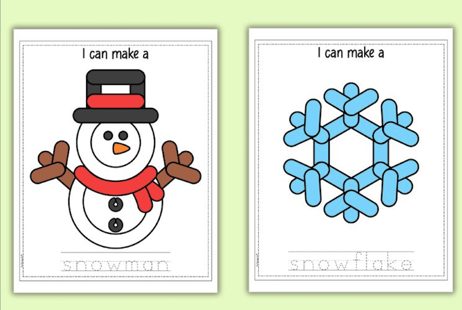 two winter play dough mats for kids. One has a snowman and the other a snowflake