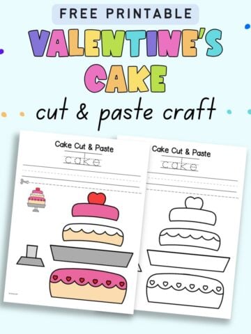 text "free printable valentine's cake cut and paste craft" with a preview of two cut and paste crafts with a layer cake