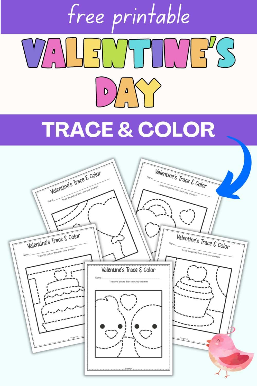 text "free printable Valentine's Day trace and color" with a preview of five coloring pages 