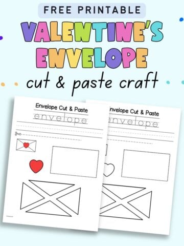 text "free printable valentine's envelope cut and paste craft" with a preview of two pages of envelope cut and paste with handwriting practice