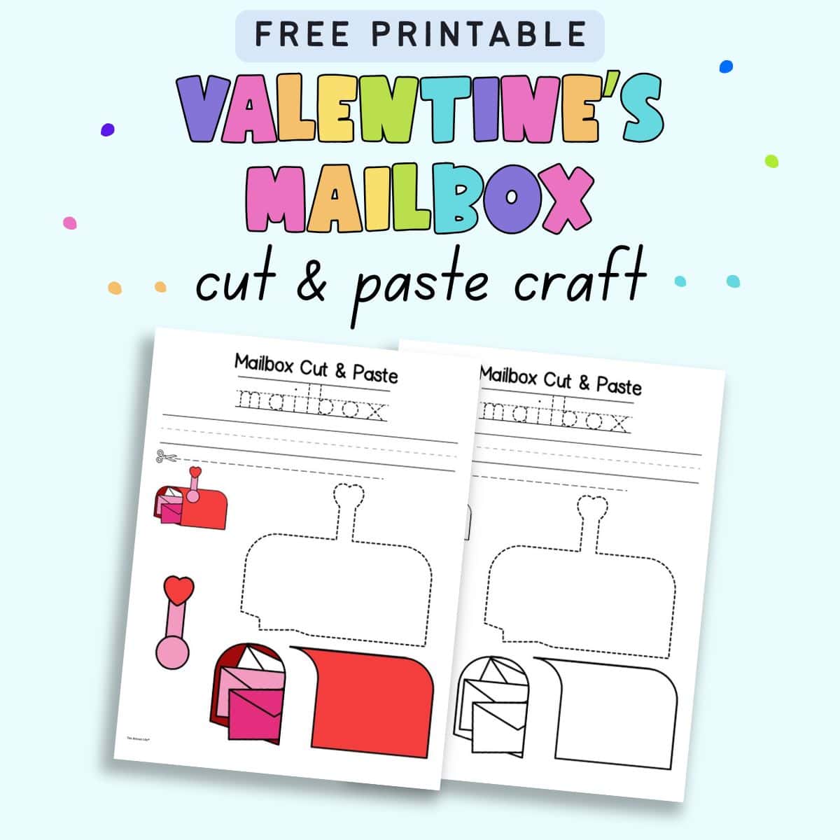 text "free printable Valentine's mailbox cut and paste craft" with a preview of a mailbox cot and paste craft in color and black and white