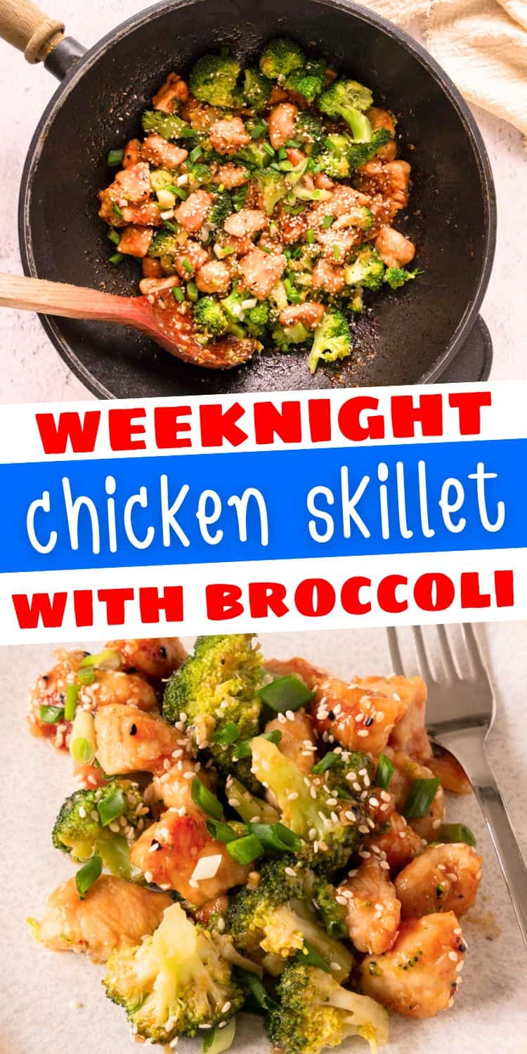 A skillet dish featuring cooked chicken pieces and broccoli, garnished with green onions and sesame seeds, is presented as a weeknight dinner idea.
