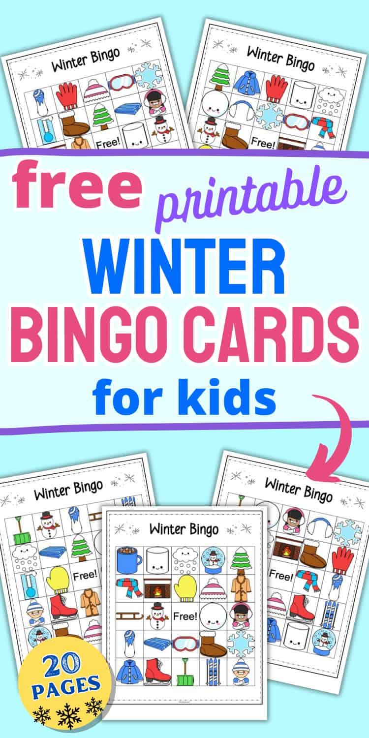 A collection of colorful winter bingo printable cards for kids, featuring images of snowmen, snowflakes, and winter clothing, designed for preschool winter games and holiday bingo activities.