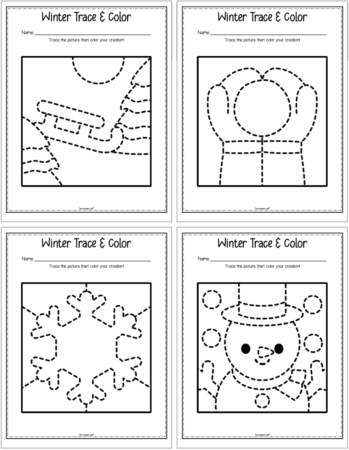 four winter tracing and coloring pages with a dotted image to trace