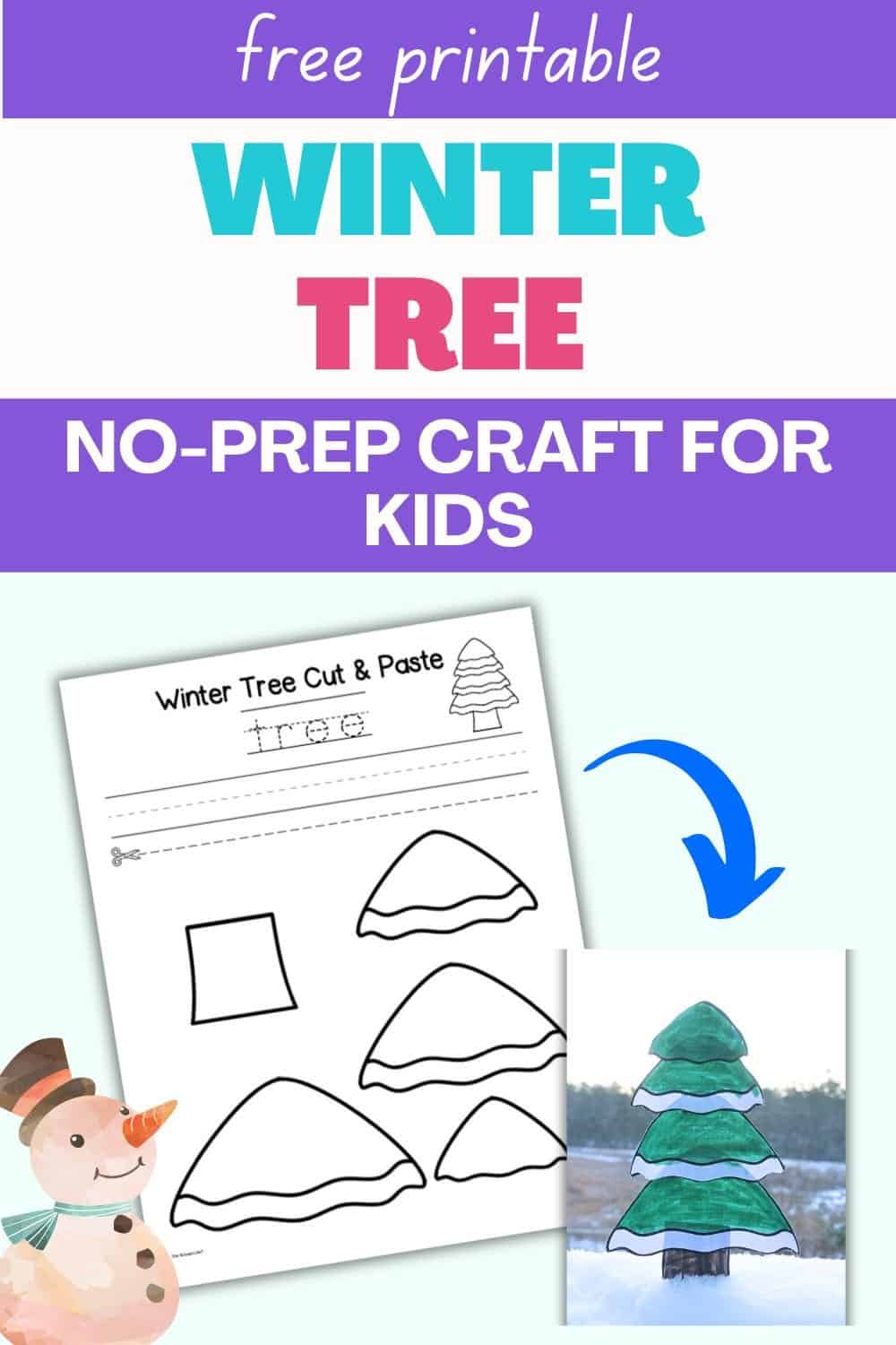 A winter-themed cut and paste craft activity for kids featuring a printable winter tree template and a completed project example, suitable for simple indoor fun and fine motor skills development during winter crafts or indoor recess.
