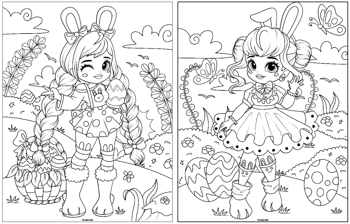 two coloring pages with girls dressed in easter bunny costumes