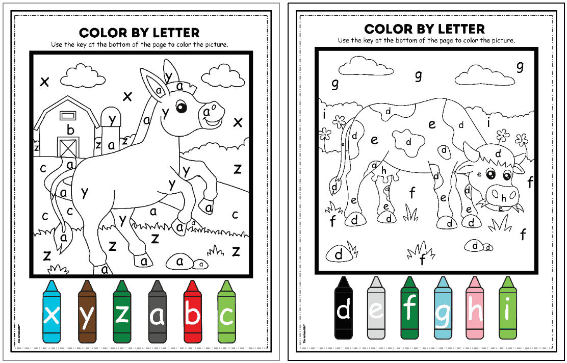 A printable activity sheet featuring two "color by letter" illustrations, one of a donkey and the other of a cow, with corresponding color keys at the bottom for children to use in coloring the images based on letters.
