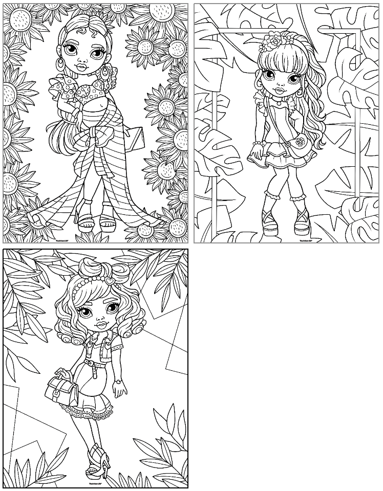 Three black-and-white coloring pages featuring fashionable girls in various outfits, surrounded by decorative elements and patterns, designed for kids and available as printable coloring pages.
