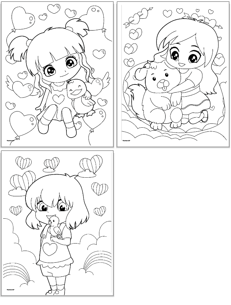 A collection of three black-and-white Valentine-themed coloring pages featuring cute characters, pets, and hearts, designed for toddlers and preschoolers to enjoy during Valentine's Day.
