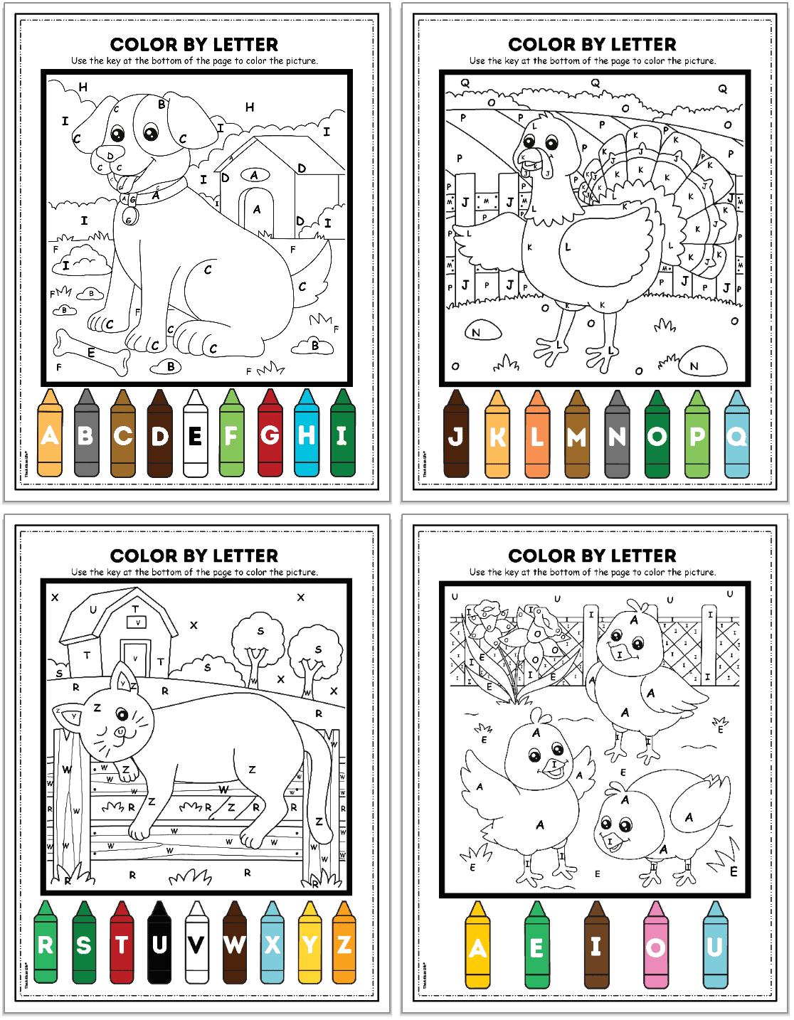 A collection of four "color by letter" worksheets featuring a dog, a turkey, a cat, and baby birds, each with a color key at the bottom and designed for preschool and kindergarten letter activities.
