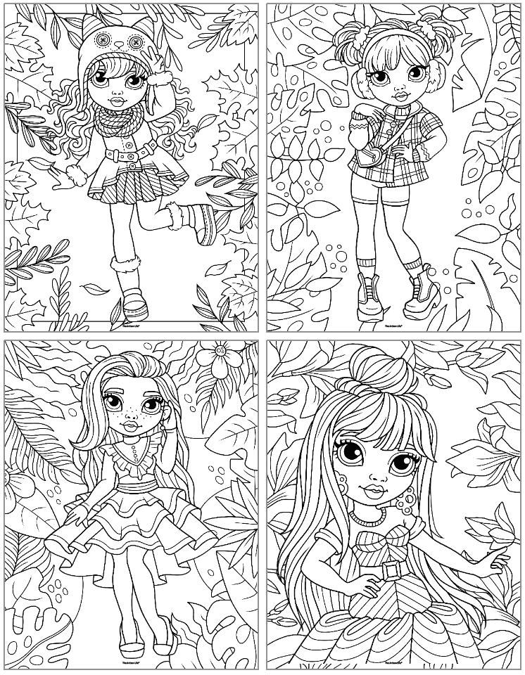 Four black-and-white coloring pages for kids featuring cute girl characters in various fashionable outfits surrounded by nature.
