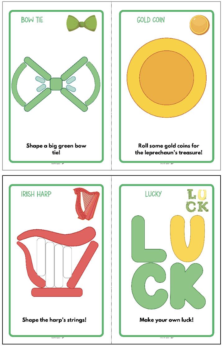 A set of four playdough instruction cards featuring shapes to create, including a bow tie, gold coin, Irish harp, and the word "luck," suitable for preschool learning activities and spring play dough fun.
