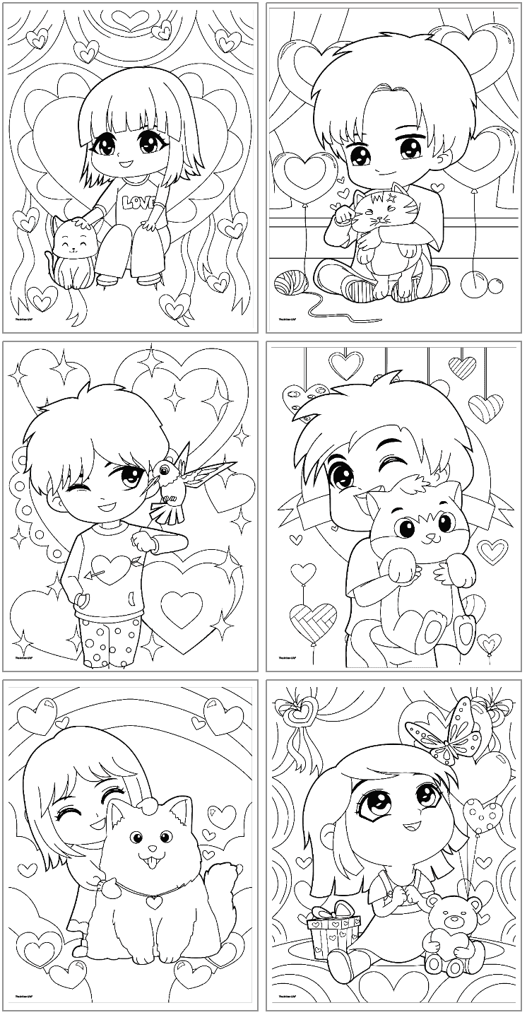 A collection of six black-and-white Valentine-themed coloring pages featuring cute characters, pets, and hearts, designed for toddlers and preschoolers to enjoy during Valentine's Day.
