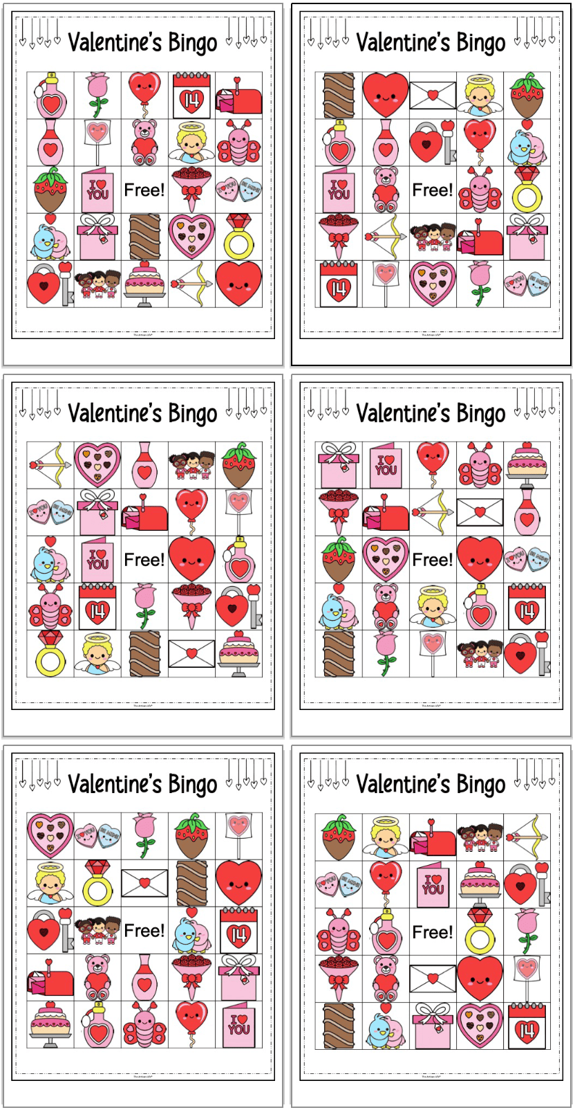 A collage of six different Valentine's Day bingo cards featuring themed illustrations such as hearts, candies, and gifts, designed for holiday bingo activities for kids.
